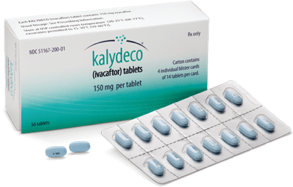 Image of KALYDECO® (ivacaftor) packaging with 150 mg tablets